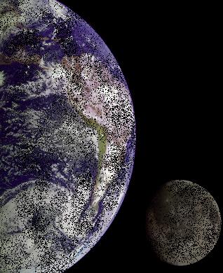 The Earth and Moon shadowed by darkness.